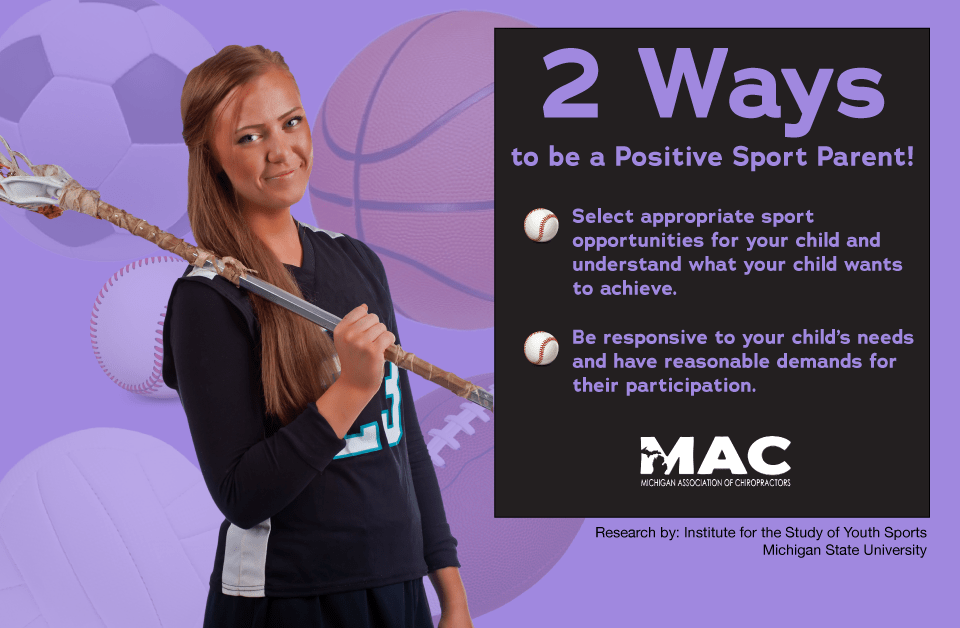 young female lacrosse player, smiling, posing with lacrosse stick against purple background with floating sports balls, text box reads: "2 Ways to be a positive sports parent! Select appropriate sport opportunities for your child and understand what your child wants to achieve. Be responsive to your child's needs and have reasonable demands for their participation.