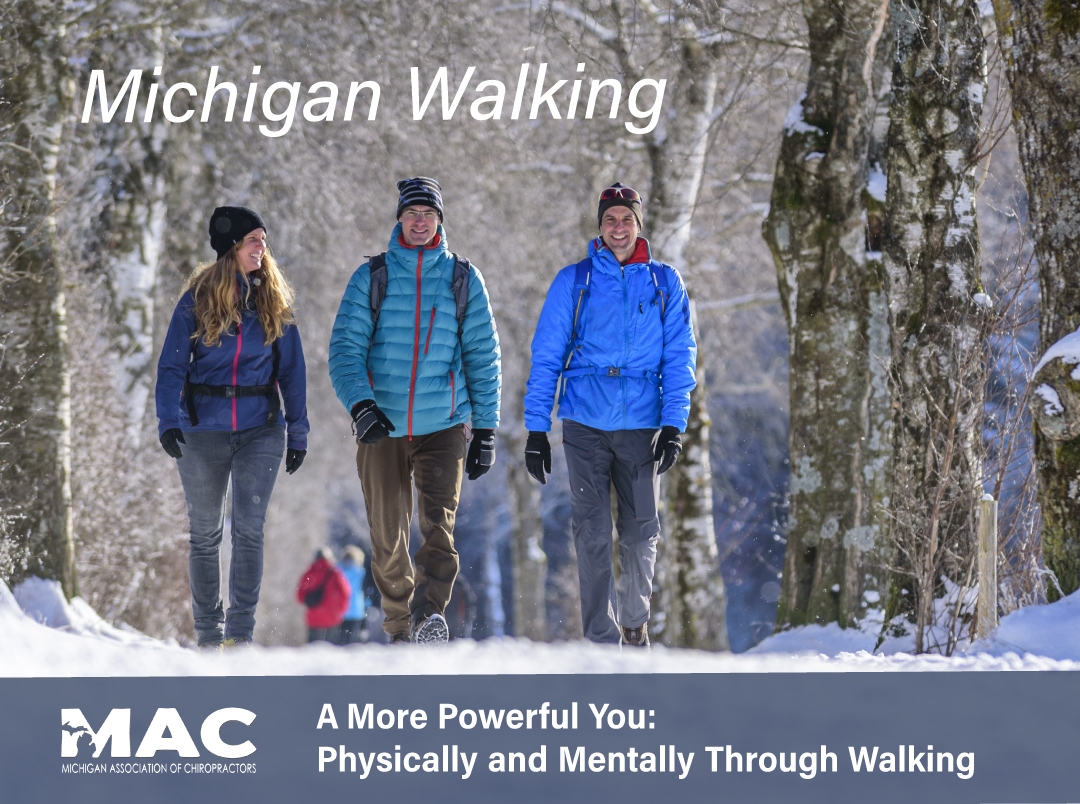 two adult males and one adult female walk through snowy forest in winter, text above reads: Michigan Walking; bottom header includes Michigan Association of Chiropractors logo with text reading, "A More Powerful You; Physically and Mentally Through Walking"