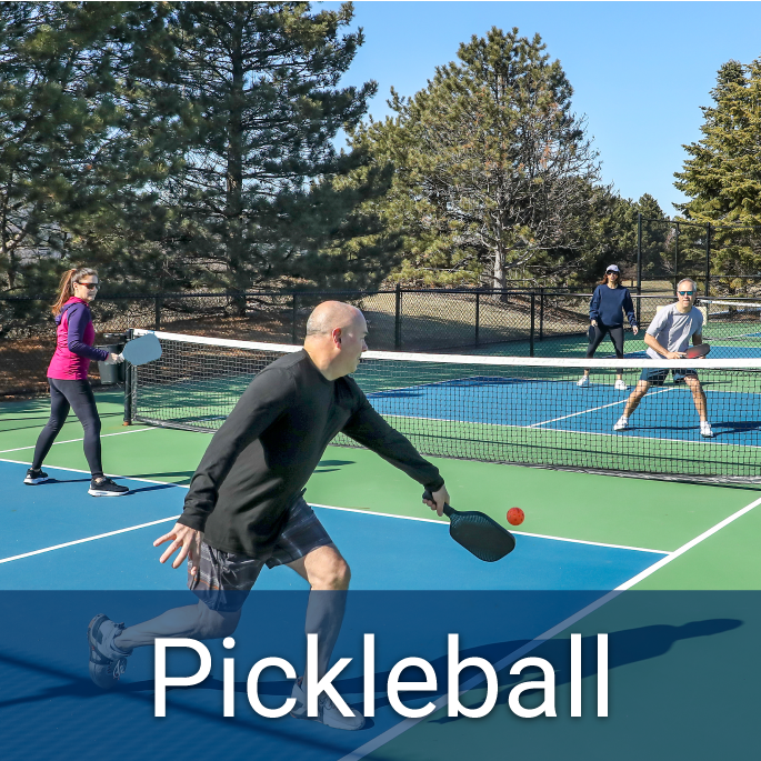 adults playing pickleball on a pickleball court, surrounded by pine trees, on a sunny day, header reads "Pickleball"